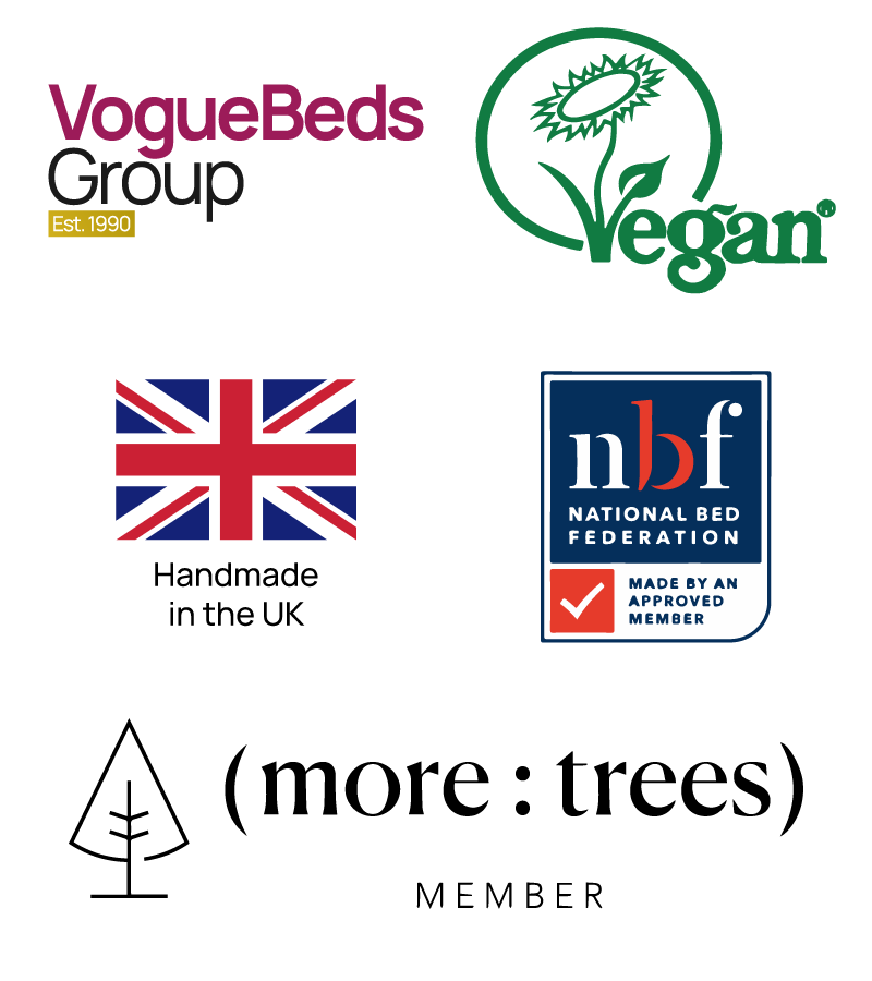 An image which shows the logos of multiple companies. Vogue Beds, Vegan Certified, Handmade in the UK, National Bed Federation and More: Trees Member