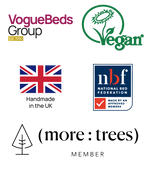 An image which shows the logos of multiple companies. Vogue Beds, Vegan Certified, Handmade in the UK, National Bed Federation and More: Trees Member