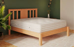 A thick mattress on top of a modern, wooden bed frame with a slatted head board. The room is modern with split green and cream walls and plants.